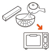 (1)に濃い目にいれた緑茶を入れ、ラップをかけて500Wの電子レンジで1分加熱し、軽くかき混ぜます。