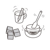 デコペンと、ホワイトチョコレートは湯煎にかけて溶かしておき、チョコレートブラウニーは適当な大きさに切っておきます。