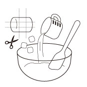 刃先を濡らしたハサミでマシュマロを小さくカットし、（１）に入れ混ぜホットケーキミックスを加え、ヘラで混ぜます。
