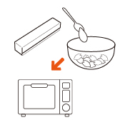 （１）に水大さじ２を入れ、ラップをかけて500wの電子レンジで30秒加熱します。